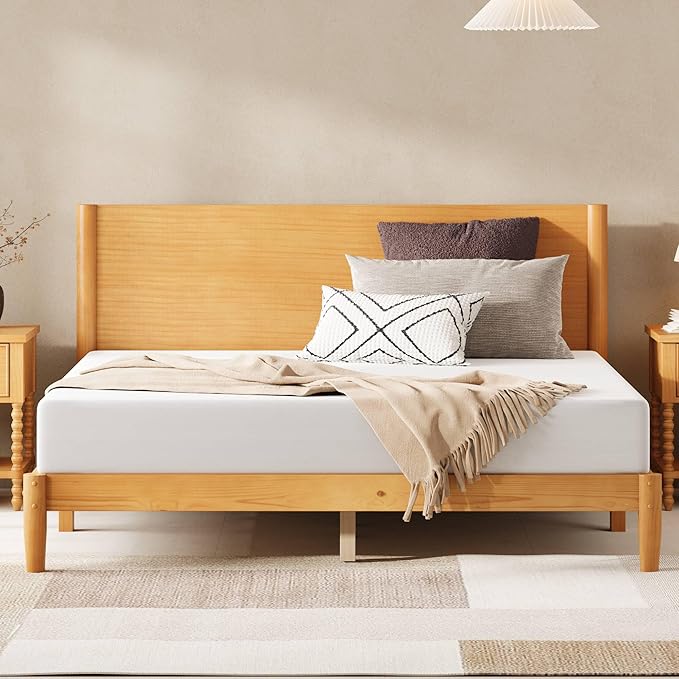 AMERLIFE Solid Wood Queen Bed Frame Mid Century Modern Platform Bed with Full Panel Headboard Wooden Bed with Cylindrical Legs No Box Spring Needed &amp Noise-Free Natural Wood