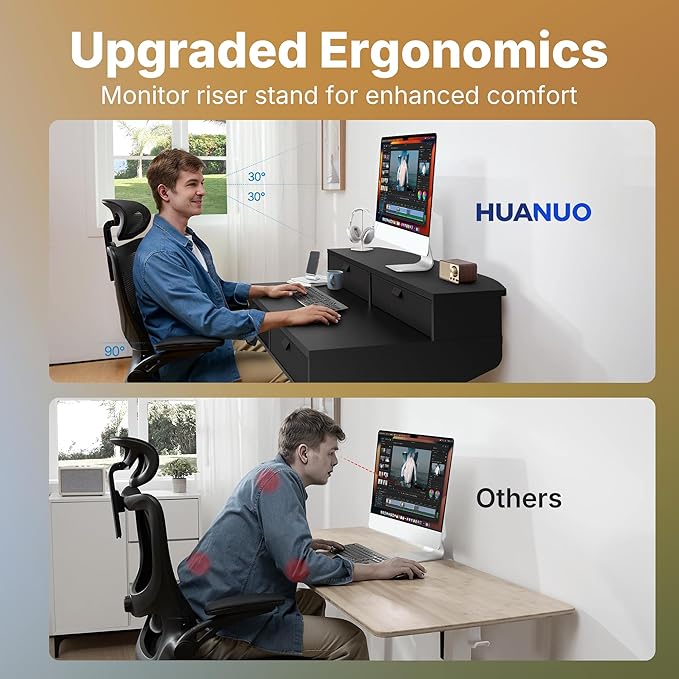 HUANUO 32 x 20 inch Electric Standing Desk with 4 Drawers Adjustable Height Sit Stand Home Office Desk C-Clamp Mount Compatible Ergonomic Stand up Desk with 4 Preset Heights Black