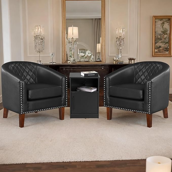 Prilinex Comfy Barrel Accent Chair - Faux Leather Living Room Chair Club Chair with Cushion Diamond Grid Backrest &amp Nailhead Trim Guest Chair for Office Bedroom &amp Waiting Room Black