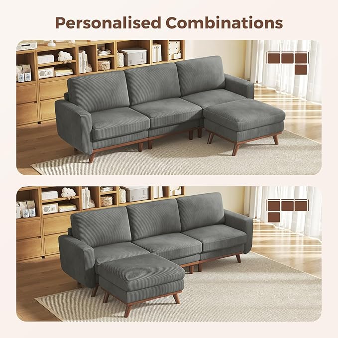 Vesgantti L-Shaped Modern Sofa Modular Sectional Cloud Couch with Ottoman Comfy Corduroy Deep Seat Sofa for Living Room Bedroom and Apartment Dark Gray