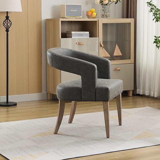 Modern Accent Chair Upholstered PU Leather Barrel Armchairs with Rubberwood Legs Comfy Lounge Arm Chair Hollow-Out Side Club Chair for Living Room Bedroom Office (Grey)