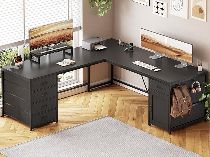 Sedeta SEDETA L Shaped Desk 63'' Computer Desk with 5 Drawer &amp Power OutletLong Home Office Desk or Corner Desk L Shaped Corner Desk with Monitor Shelf Storage Cabinet Black