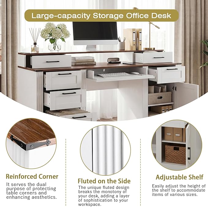 59-Inch Computer Desk with Power OutletsFarmhouse Executive Desk with File Cabinet DrawerLarge Office Desk with 6 Drawers and Desktop Movable ShelvesWriting Study Table for Home Office (White)