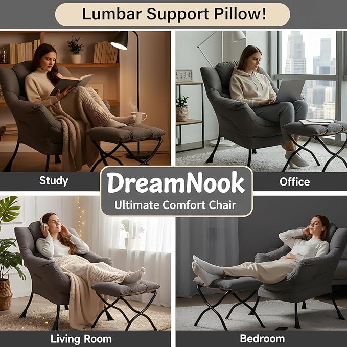 Lazy Chair with Ottoman Modern Accent Chair with Lumbar Pillow Dark Grey Sofa Armchairs with Folding Footrest Oversized Supportive Chairs for Bedroom Reading