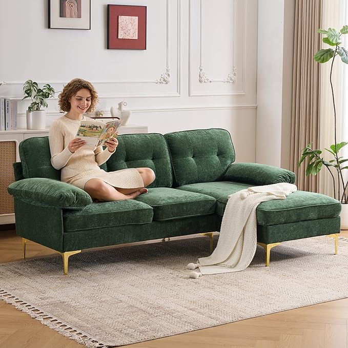 Sectional Couches for Living Room85 L-Shaped SofasModern Couch with Deep Seats &amp Chaise LongueRemovable Sofa Pillows WashableSofa for Apartments(ChenilleGreen)