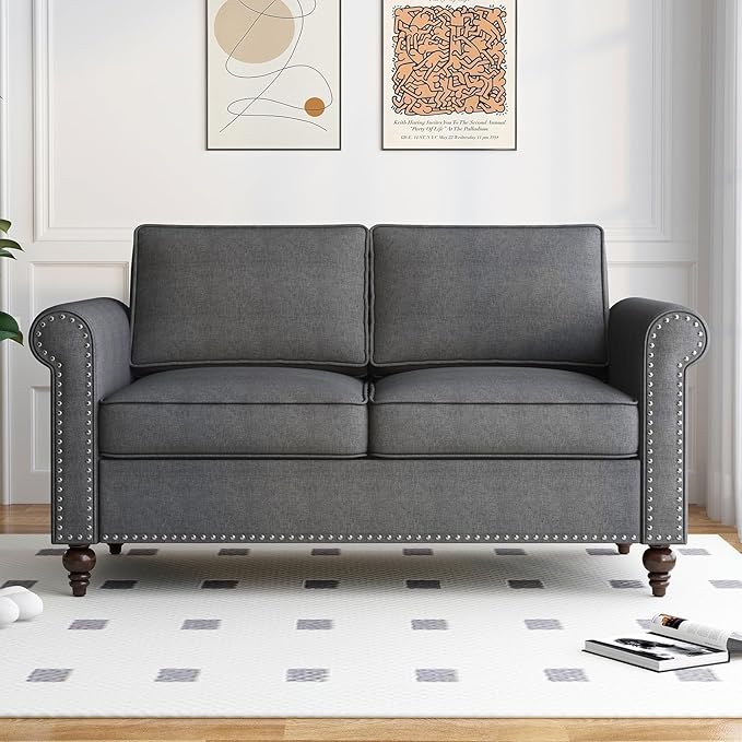Loveseat Sofa Couches for Living Room 2 Sofa Seat for Small Spaces Mid Century Modern Couch with Armrest and Backrest Soft Cushion Sofa for Home/Office/Apartment - Dark Grey