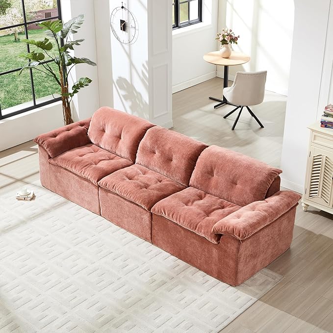 118” Cloud Sectional Couch Deep Seat Boneless Sofa for Living Room with 3 Seater Chaise Comfy Chenille Modular Sectional Sofa Made of Memory Foam No Assembly Required (Orange)