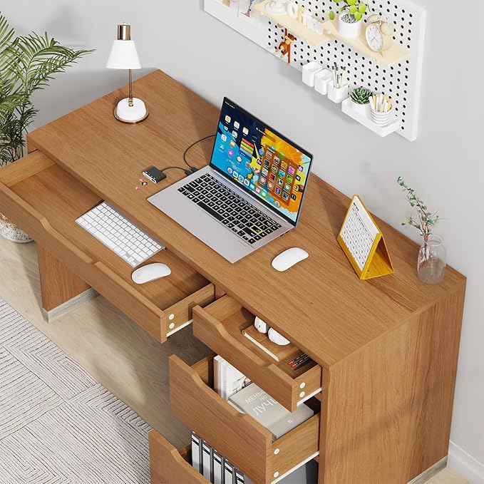 Small Desk with Drawers 52 Inch Computer Desk with Storage Home Office Desk with Filing Drawer for Bedroom Brown