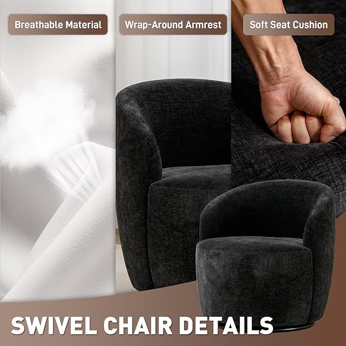 Swivel Barrel Chair Set of 2 360 Degree Boucle Swivel Accent Chair Upholstered Chenille Round Armchair Modern Small Reading Lounge Chair for Living Room Bedroom Office Black Chenille