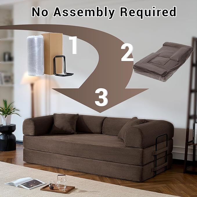 Compressed Sofa Convertible Sofa Bed Corduroy Compression Boneless Couch with Pillow Comfy Modular Foldable Floor Sleeper Sofa for Bedroom Living Room Lounge Studio (Brown)