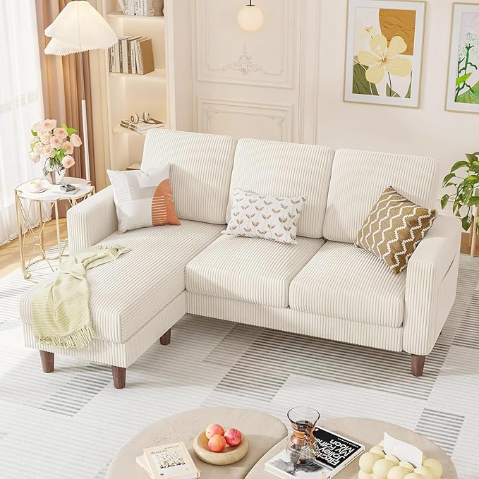 Homall Convertible Sectional Sofa 3 Seat L Shaped Couch with Side Storage Pocket Sofas with Movable Ottoman Corduroy Small Couches for Living Room &amp Apartment (Corduroy Beige)