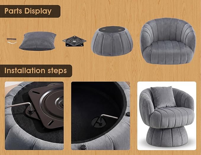 Mid Century Modern 360 Degree Barrel Swivel Accent Sofa ChairFluffy Velvet Fabric Lounge Wide Upholstered Pumpkin Reading Chair Round Cloud Armchair for Living RoomBedroomVanity(Gray)