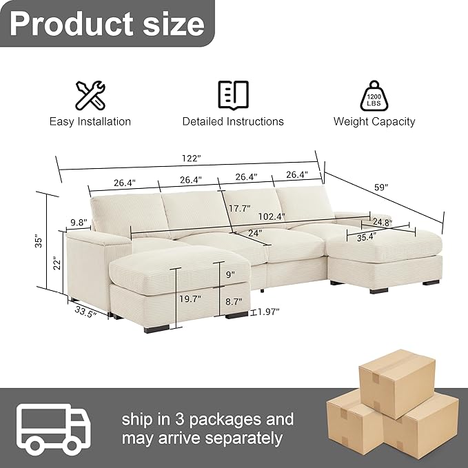 122 Oversized Modular Sectional Sofa Cloud Couch with 2 Ottomans Comfy Corduroy Upholstered Deep Seat Large U Shaped Lounge Sofa&ampCouches with Hidden Arm Storage Box