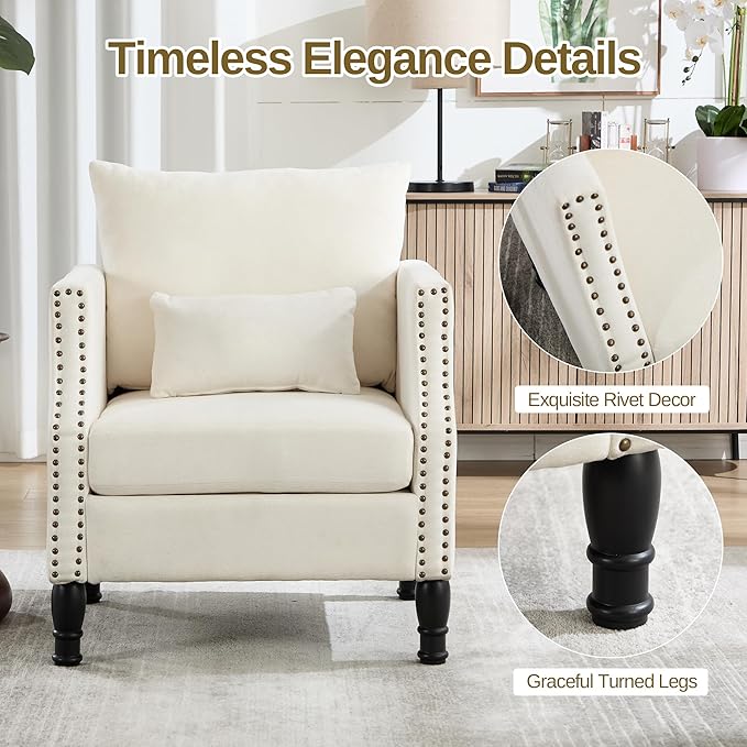 civama Linen Accent Chairs Set of 2 with Lumbar Pillow - Ergonomic Spring Support Upholstered Armchair 300LBS Capacity Nailhead Trim Easy Assembly for Living Room Bedroom Beige