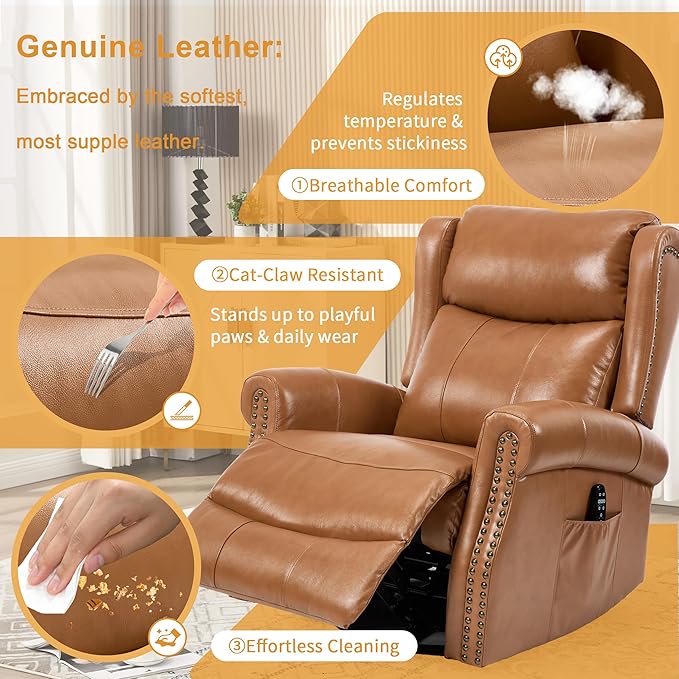 360° Swivel Glider Chair for Nursery Wingback Genuine Leather Rocking Recliner with Lumbar Heat &amp Massage 8-Point Vibration Massage for Living Room Bedroom