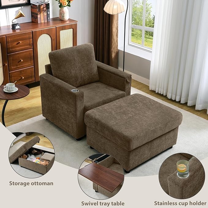 Modern Accent Chairs with Storage Ottoman Set Chenille Reading Armchair with Tray Table and Charging Ports Comfy Chaise Lounge Chair for Living Room Bedroom Reading Nook Brown
