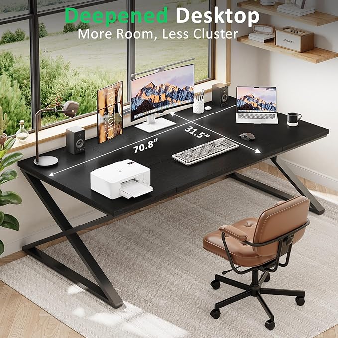 IBF Large Black Computer Desk 70.8” Long Writing Desk for Home Office Modern Simple Executive Work Study Desk for Two Person Wood Double PC Gaming Workstation Computer Table for Bedroom Black Oak