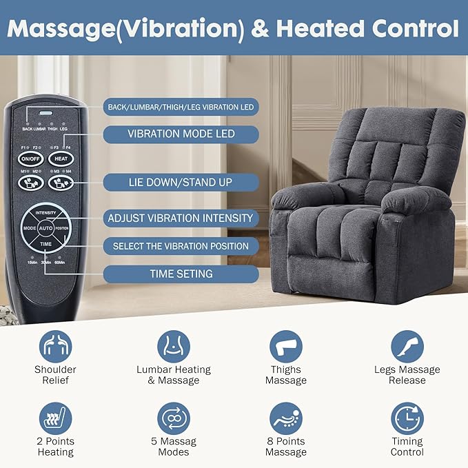 DUMOS Power Lift Recliner Chair with Vibration Massage and Heat for Elderly Ergonomic Overstuffed Breathable Fabric Reclining Chair with 3 Pockets Remote Control Living Room Bedroom Grey