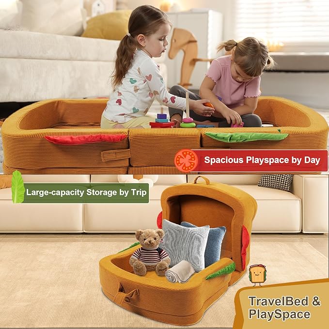 Toddler Travel Bed Sandwich Style - Portable Toddlers Floor Beds Foldable Soft Foam Travel Crib for Baby and Kid Washable Cover Toddler Cot with Safety Rail for Travel Home/Travel Sleep