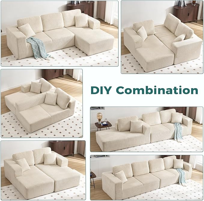 ANJ 74” Oversized Chaise Lounge Sofa Bed Boneless Modular Sofa 2-Piece Convertible Sleeper Couch with Deep Seat Upholstered Design for Living Room Bedroom Small Space No Assembly Required (Beige)