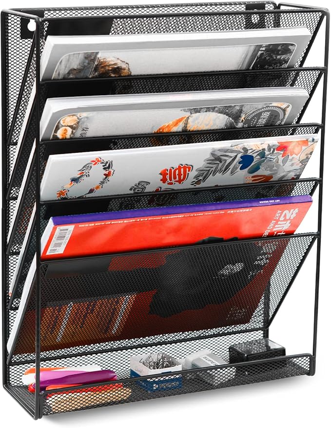 EasyPAG 5 Tier Wall File Holder Mesh Hanging Folder Organizer with Classify Label Versatile Desk File Holder Vertical Wall Mounted Mail Organizer for Office Home Cubicle Black