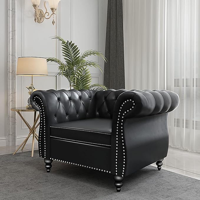 RARZOE Contemporary PU Chesterfield ChairsChesterfield Faux Leather Club Chair Chesterfield Button Tufted Leather Accent Chair with Nailhead Trim Scrolled Arms for Living Room Bedroom Office Black