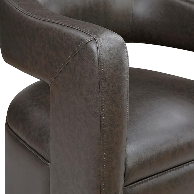 Lexicon 360 Degree Swivel Accent Chair Upholstered Modern Faux Leather Swivel Barrel Chair Attached Cushion Comfy Round Open Back for Living Room/Bedroom/Office/Apartment Assembled Dark Coffee
