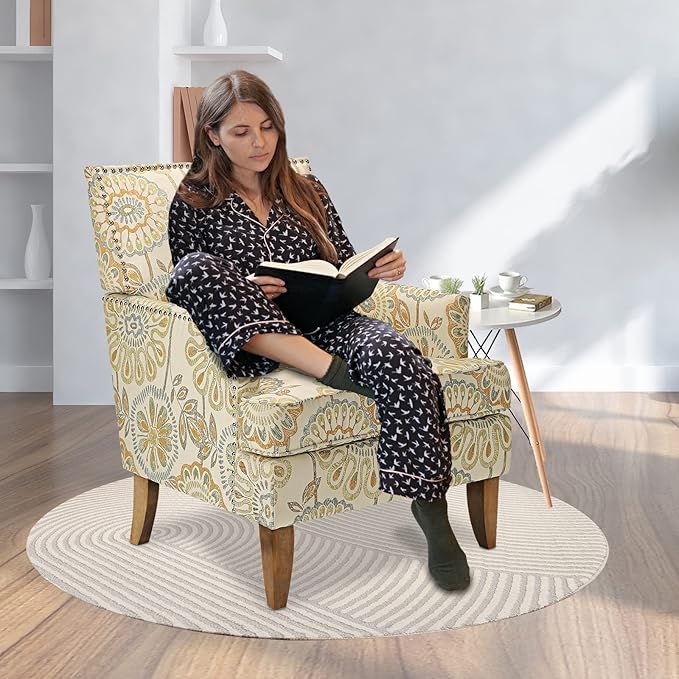 Floral Accent Sofa Chair Wingback Sofa Chair Comfy Club Chair Pattern Single Chair Upholstered Reading Arm Chairs for Living Room Bedroom (Beige Yellow)