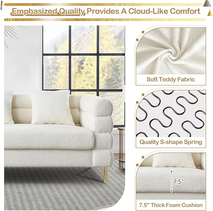 KINFFICT 2 Piece Living Room Sofa Set Comfy Boucle Couch with Loveseat and 3 Seater Upholstered Sofa Couch with 2 Pillows and Deep Seat Design for Office Waiting Room White Teddy