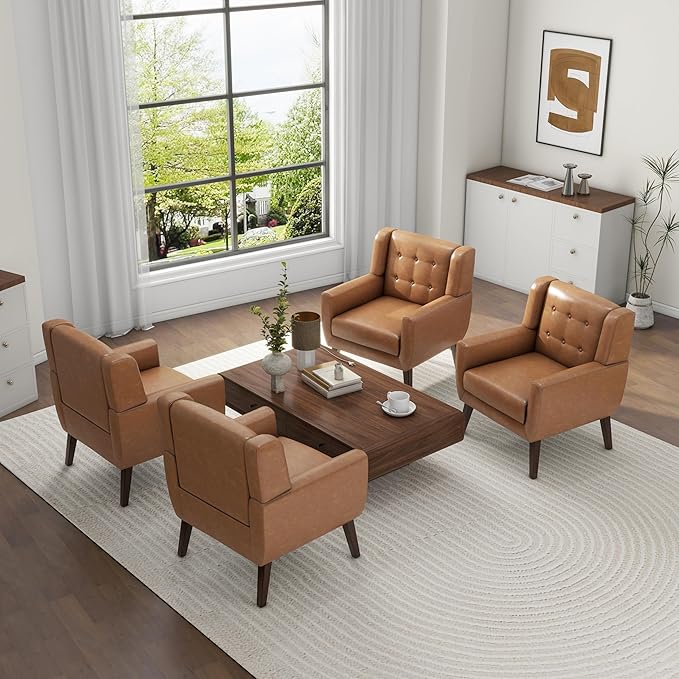 UIXE Faux Leather Accent Chairs Set of 4 Modern Arm Club Chair Upholstered Armchair for Living Room Comfy Single Sofa Seats Button Tufted Reading Seating Brown