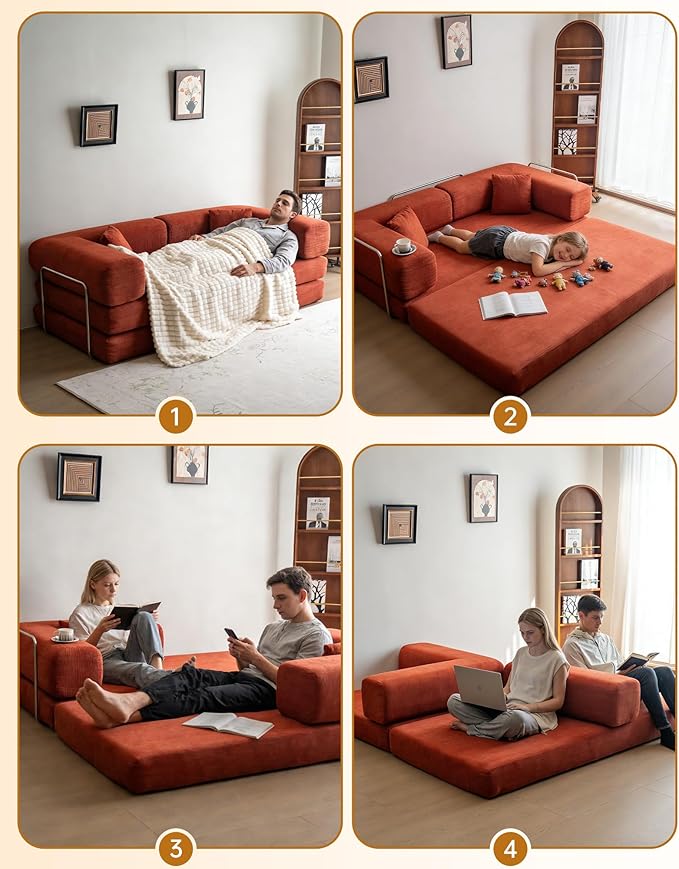 No Assembly Convertible Sofa Bed &amp 79 Boneless Couch with Pocket  5-in-1 Futon Sofa Bed with 2 Pillows Modular Pull Out Couch Bed with FrameCompression in Box for Living Room Small Spaces Orang