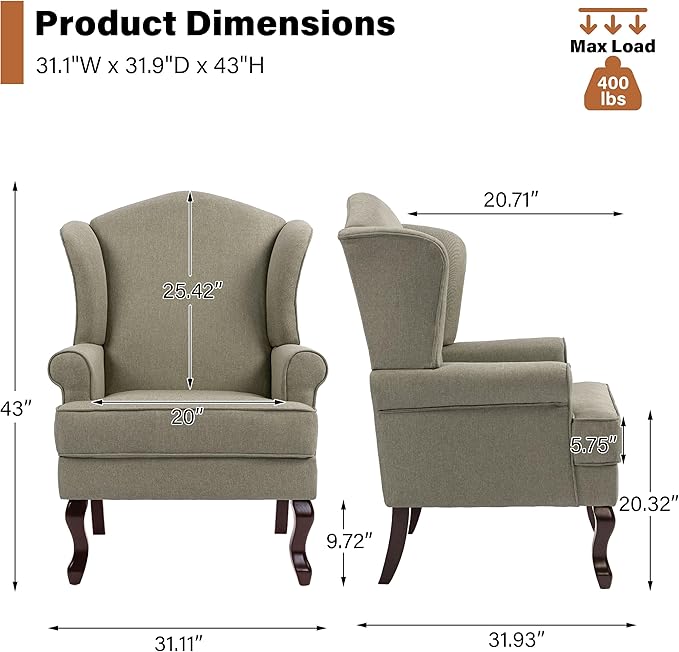 High Back Accent Chairs Set of 2 Comfy Upholstered Fabric Armchair for Living Room Mid Century Modern Club Accent Chair with Solid Wood Legs Single Sofa Reading Chair for Bedroom Light Camel