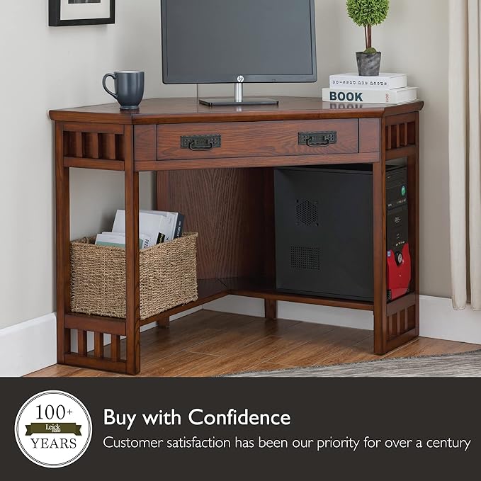 Leick Home 82430 Mission Corner Desk Writing Computer Desk with Drop Front Keyboard Drawer for Home Office Solid Wood Mission Oak