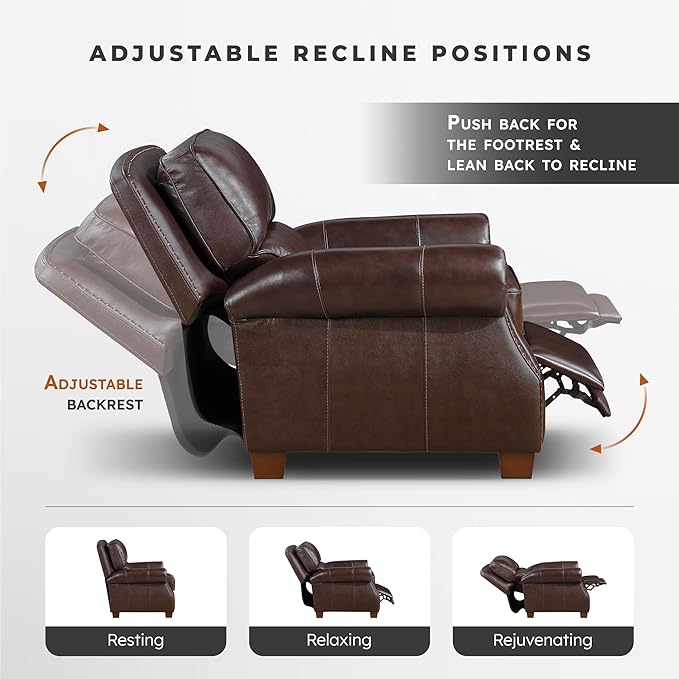 Lexicon Push Back Reclining Chair Top Grain Leather Match Push Back Recliner Chair with Nailhead Trim Rolled Arms Solid Wood Legs for Living Room/Apartment/Office Easy Assembly Brown
