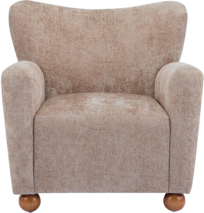 Christopher Knight Home Lindy Wingback Accent Chair Upholstered Armchair with Rounded Wooden Legs Curved Backrest Single Sofa Soft Cushion Seating Comfy Lounge Chair for Living Room Beige Brown