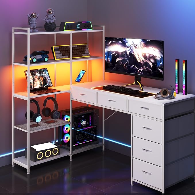 Garvee L Shaped Gaming Computer Desk with 6 Fabric Drawers Corner Gaming Desk with Open Shelves Home Office PC Table with Power Outlets &amp LED Lights 58.3 l*54.3 h White