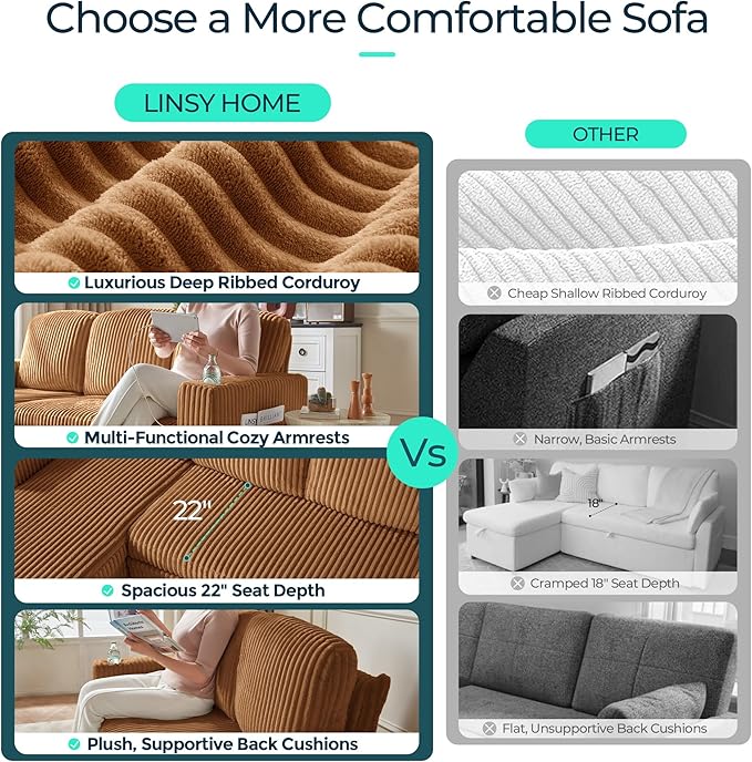 LINSY HOME Loveseat Sofa with Pull Out Couch Chaise: 2-in-1 Convertible 2 Seater Sofa with USB Charging &amp Cup Holders Comfy Plush Corduroy Love Seat for Small Spaces Living Room Apartment Brown