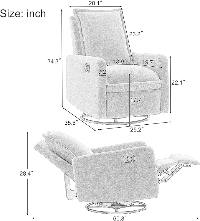 Lazy Boy Glider Recliner Nursery Chair with Comfy Cushion Swivel Rocking Recliner for Small Spaces Boucle (White)