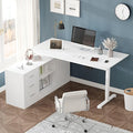 Lovinouse Large White Electric Adjustable Standing Desk Reversible L Shaped Office Work Desk with Storage Drawers Adjustable Height and Shelves Rising Study Computer Table for Home Office Bedroom