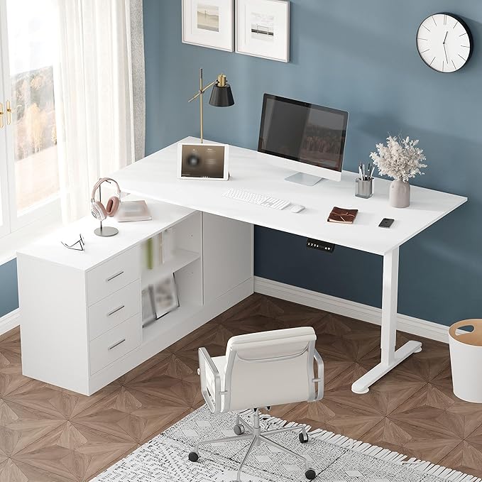 Lovinouse Large White Electric Adjustable Standing Desk Reversible L Shaped Office Work Desk with Storage Drawers Adjustable Height and Shelves Rising Study Computer Table for Home Office Bedroom