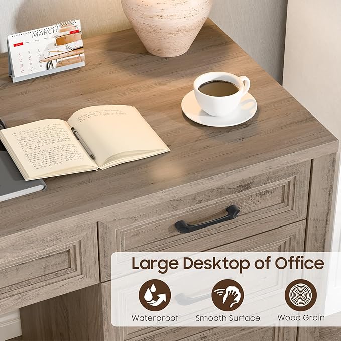 Vabches Farmhouse Executive Desk with Storage and Ample File Drawer Rustic Large Home Writing Desk for Bedroom Grey