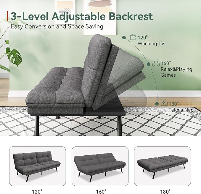 Opoiar Convertible Futon Sofa Bed71 Memory Foam Futon CouchDetachable CushionAdjustable Backrest &amp ArmrestLinen Modern Loveseat Sleeper Recliner for Living RoomOfficeApartmentRetro Grey