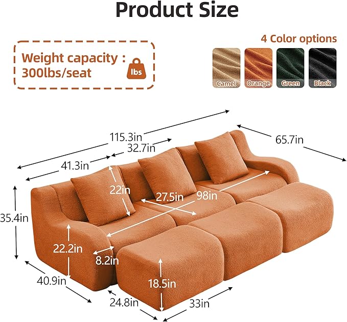 115.3 Inches Sectional Boneless Cloud Couch Super Soft Comfortable Curved Armrest Deep Seat Sofa with Pillow and Ottoman Sectional Couches for Living Room No Assembly Required