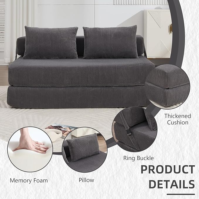 GNIXUU Fold Out Couch 3-in-1 Convertible Futon Sofa Bed with 2 Pillows Corduroy Foldable Floor Chair Boneless Loveseat Couches for Living Room Bedroom Small Spaces Gray