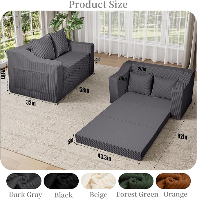MeMoreCool Convertible Sofa Bed Pull Out Loveseat Sofa Sleeper Couch for Bedroom Living Room Lounge 2 in 1 Small Couch Bed with Pillow Foldable Love Seat Futon Corduroy Grey