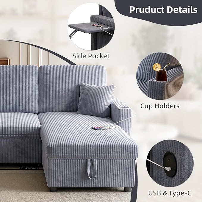 L-Shape Sleeper Sofa with Storage &amp Ports Pull-Out Couch Bed with Cup Holders Side Pockets &amp Side Table for Living Room Apartment Grey
