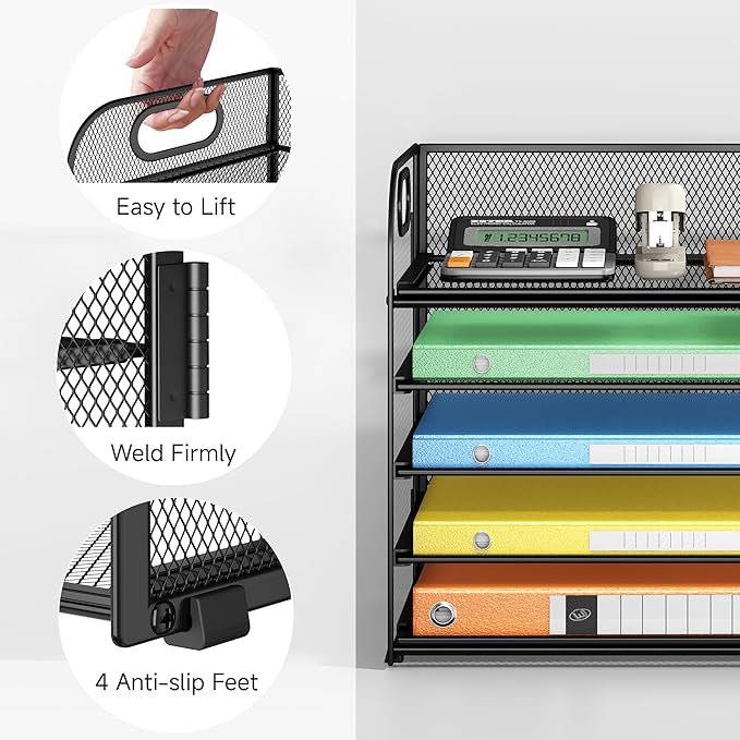 2 Pack 5-Tier Paper Organizer Letter Tray with Handle - Black Mesh Desk Paper Sorter File Organizer for Office Home or School File Folder Holder