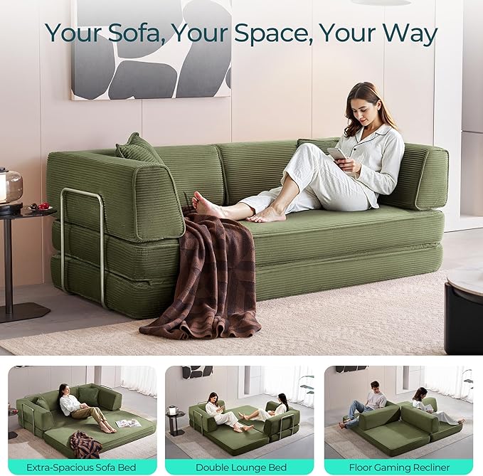 LINSY HOME Sofa Bed Couch - Convertible Boneless Couch Bed with 2 Pillow (Green) | Folding Sofa Bed Corduroy Material No Assembly Compressed Sofa Couch in a Box