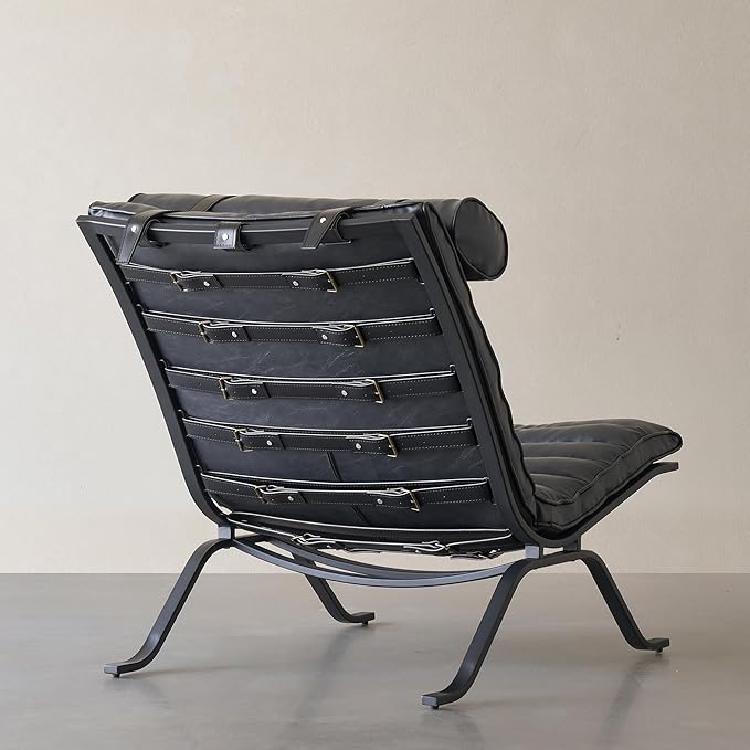 Leather Upholstered Armless Chair Modern Design Lounge Chair with Metal Frame and Headrest Cushion Comfortable Suitable for Living Room Bedroom Office (Black)