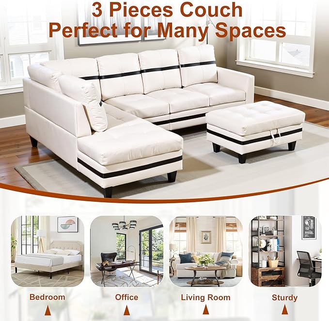 L Shaped Couch PU Leather Sectional Couches for Living Room 3 Pieces Modular Sectional Sofa with Chaise Ottoman with Storage for Living Room and Small Apartment White and Black
